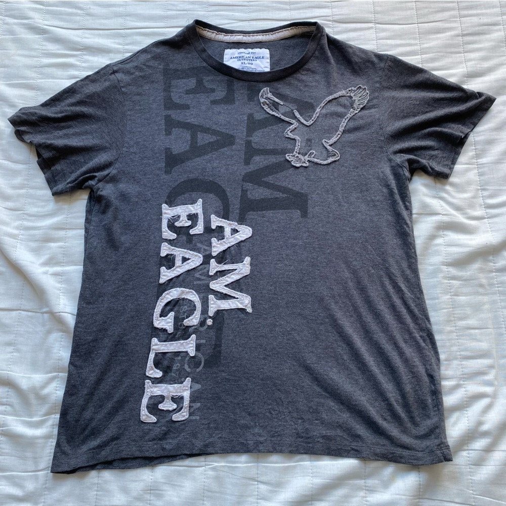 American Eagle Outfitters Men's Charcoal Gray Graphic Tee with Eagle Patch